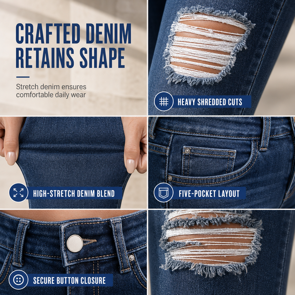 Dámske džínsy s vysokým pásom, roztrhané, skinny, distressed, strečové denimové nohavice