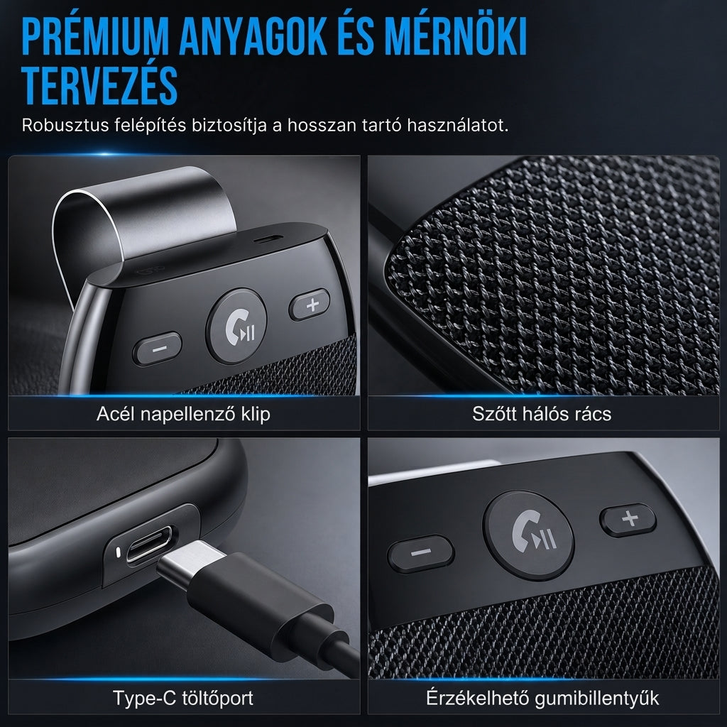🚗 SP11 – Bluetooth handsfree zariadenie do auta s integrovaným slnečným štítom, s funkciou automatického zapnutia pri detekcii vibrácií, podporuje A2DP a hlasové upozornenie na prichádzajúce hovory